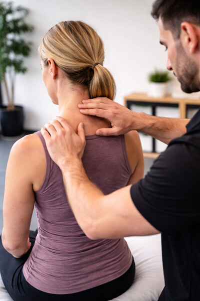Massage therapist assessing neck and shoulder tension during treatment session in Burnaby clinic